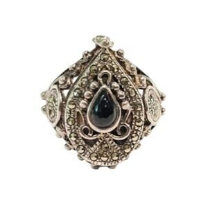 Pill Locket Ring Sterling Marcasite Onyx Ring